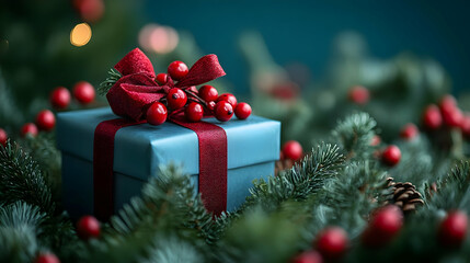 Sticker - Blue gift box with red ribbon and holly berries sitting on a bed of green pine branches.