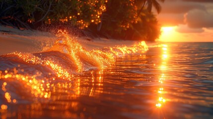 Wall Mural - Golden beach, golden waves of water on the shore, golden sand, golden sunlight shining through the trees, golden light reflecting on sparkling ocean