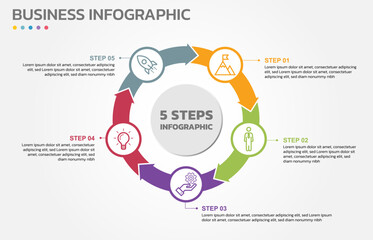 Poster - Visual data presentation. Cycle diagram with 5 options. Pie Chart Circle infographic template with 5 steps, options, parts, segments. Business concept. Editable pie chart with sectors. Single layer.