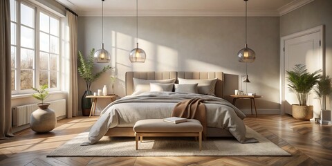 luxurious morning light pours into minimalist Scandinavian-inspired bedroom featuring open-box furniture with velvety soft bedding and a few carefully placed accessories in calm muted hues