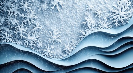 Wall Mural - A close-up of delicate snowflakes resting on abstract blue waves, highlighting the intricate details and frozen beauty of winter with a serene and calming atmosphere.