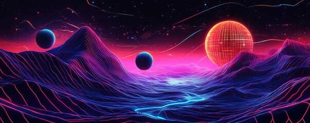 Wall Mural - Neon Lightscape with Three Spheres and a Starry Sky