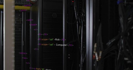 Poster - HTML code animation over server racks in data center