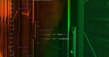 Canvas Print - HTML code with Spywar class animation over colorful server room background