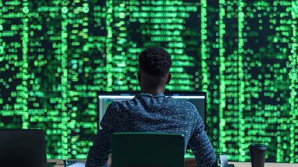Man Working on a Computer with Green Code in the Background.