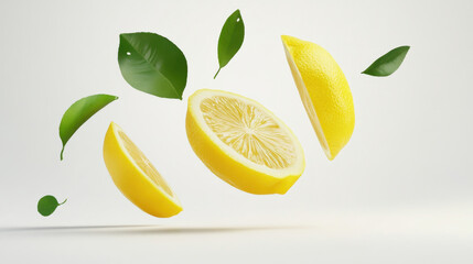 Wall Mural - Yellow lemon slices falling with green leaves isolated on white background