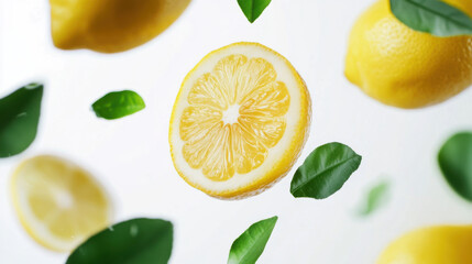 Yellow lemon slices falling with green leaves isolated on white background