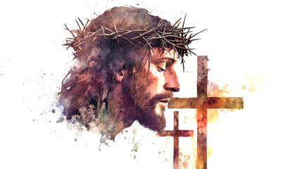 Wall Mural - A thoughtful portrayal of Jesus wearing a crown of thorns, alongside three crosses, elegantly captured in a blend of watercolor artistry