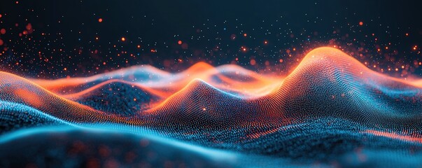 Wall Mural - Abstract Digital Landscape with Orange and Blue Glowing Particles