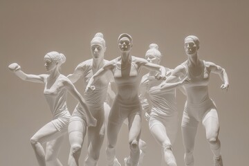 white sculptures of women athletes running in a museum