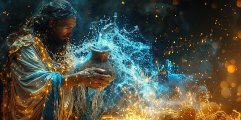 aquarius is the astrological zodiac symbol of astronomy. man pours water blue abstract sky backgroun