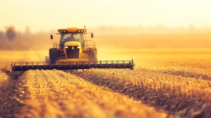 A tractor harvesting crops in a golden field during sunset, showcasing agricultural activity and rural life.