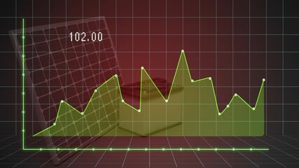 Poster - Fluctuating line graph animation over solar panel and battery on red grid background