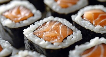 Wall Mural - Fresh sushi rolls with salmon and rice arranged on a clean white surface