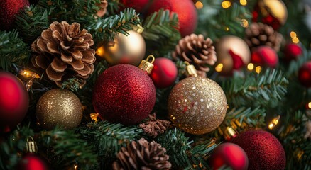 Festive Christmas tree adorned with red and gold ornaments in a cozy indoor setting