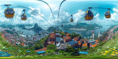 Wall Mural - An immersive 360-degree equirectangular panorama of Rio de Janeiro in the future, showcasing sustainable favela redevelopment projects with