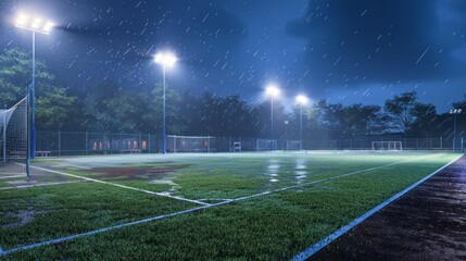 A wet soccer field with lights on in the background