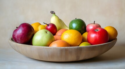 A close-up of vibrant fruits and vegetables arranged in a simple wooden bowl