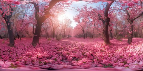 Poster - An immersive 360-degree panorama of a serene cherry blossom grove, with delicate pink blossoms carpeting the ground and