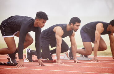 Sticker - Men, race and running start in outdoor stadium for marathon, challenge and training for sport. Competition, track and workout of group with cardio in arena with runner, exercise and sprint line