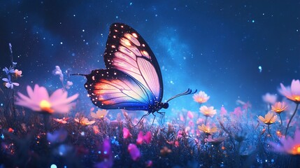 Wall Mural - A stunning and surreal image featuring a butterfly with galaxy-like patterns on its wings, illuminated in vibrant colors. The butterfly is perched on a field of flowers that glow under a twilight sky 