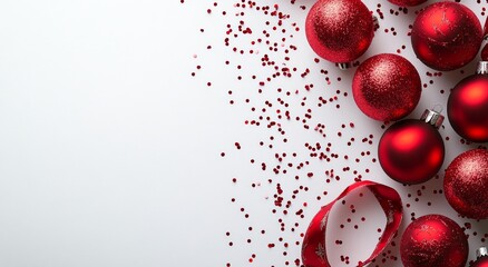 Sticker - Red Christmas ornaments with glitter and festive decorations on a white background