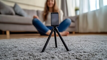 Cozy vlogger setup with smartphone on a tripod, woman sitting cross-legged in a casual home environment