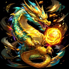 Poster - Golden Dragon with Fireball