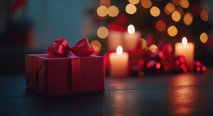 Sticker - Gift box with red ribbon sits on a table beside candles and a Christmas tree in soft evening light