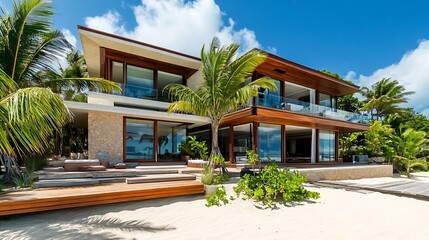 Luxurious beachfront property with modern architecture, pristine beach, palm trees, and bright midday lighting