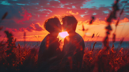 Silhouette young homosexuals gays men couple love are kissing in warmth and romance of sunset in evening light in wildflower meadow on mountain. 