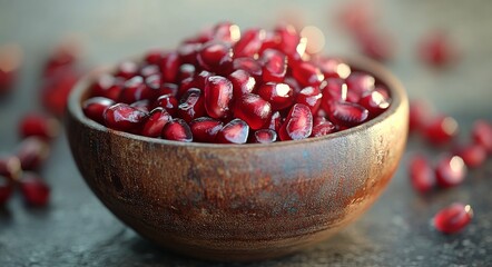 Poster - Fresh pomegranate seeds in a patterned blue bowl on a kitchen table during daylight