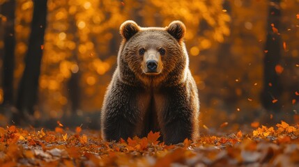 Brown Bear Standing in Autumn Forest with Orange Leaves – Fall Nature Scene in the Carpathian Mountains at Sunset, Perfect for Wallpaper or Cover

