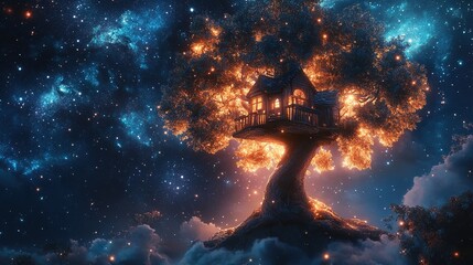 Wall Mural - Amidst a stunning star-filled night sky, a whimsical treehouse is nestled within the glowing branches of an ancient, majestic tree. The leaves and branches emit a warm, golden light, contrasting beaut