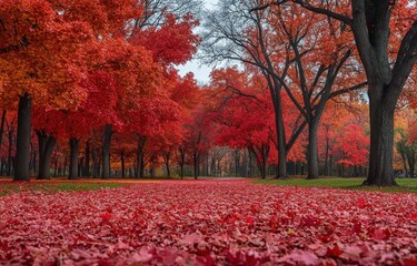 Vibrant autumn foliage covers the ground in a serene park during a crisp fall afternoon