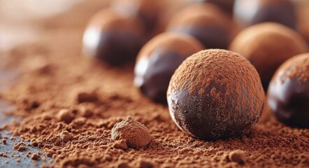 Delicious homemade chocolate truffles dusted with cocoa powder on a rustic wooden table