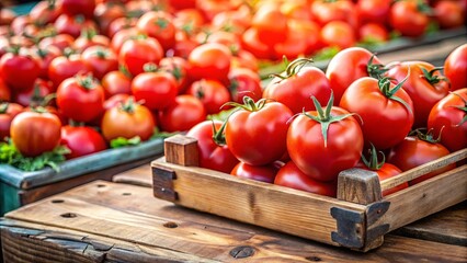 Fresh organic red tomatoes on a wooden tray at a summer market agriculture farm