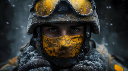 Close-up of a soldier wearing a helmet and balaclava with a determined look on his face, covered in snow.