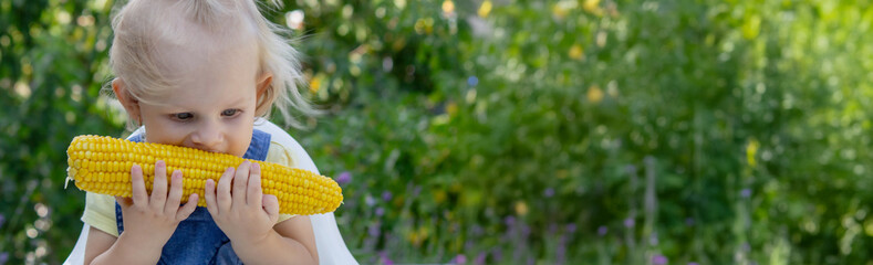 Wall Mural - little girl eats corn. Selective focus