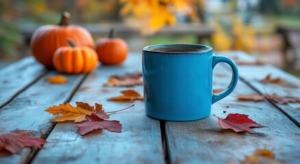 Cozy autumn morning with a blue mug of coffee surrounded by pumpkins and colorful leaves