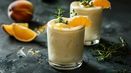 Two glasses of creamy white smoothie garnished with orange slices and fresh thyme, with a peach and orange slices in the background.