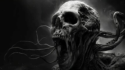 
A black and white portrait of an undead creature with its mouth open, set against a dark background. 