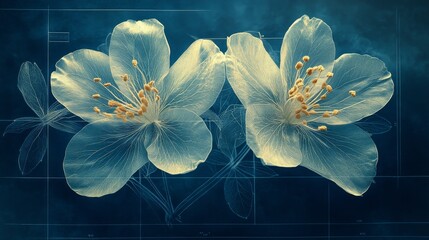 A serene illustration of two delicate flowers with a scientific blueprint background, highlighting nature's beauty.