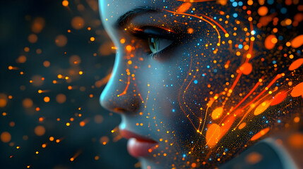 Wall Mural - Close-up of a woman's face with glowing lines and dots.