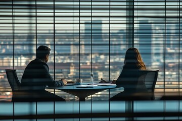 Two businesspeople in silhouettes are sitting at a table in a modern office, overlooking a city skyline.