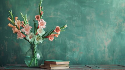 A bouquet of pink and white gladiolus flowers in a glass vase on a wooden table with two old books against a teal wall.