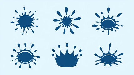 The image shows a collection of six blue ink blots and three crowns. generative ai