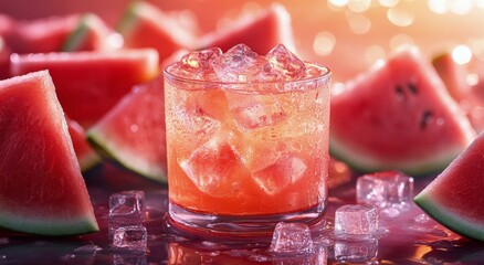 Wall Mural - Refreshing watermelon beverage served with fresh slices on a vibrant summer day