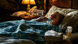 © Farhad - Sick woman checking fever laying in bed with tissues and medicine nearby