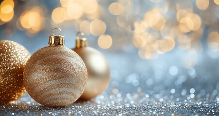 Elegant gold Christmas ornaments shimmering on a sparkling surface with soft bokeh lights